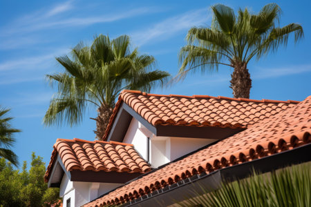 closeup of spanish revival style homes clay roof tiles, created with generative aiの素材