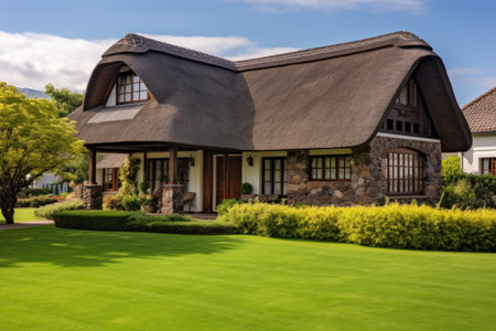 stone cottage, lush lawn, the detailing of thatched roof corners, created with generative aiの素材