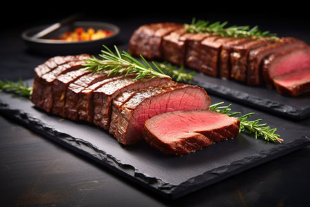 beef brisket slices placed on a black slate serving board, created with generative aiの素材