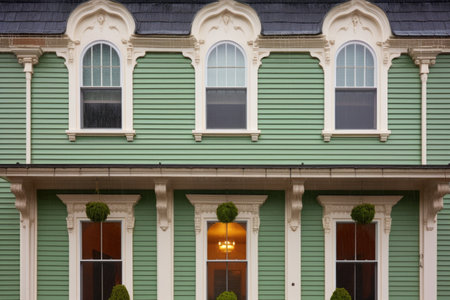 raindrops on dormer windows of a colonial revival house, created with generative aiの素材