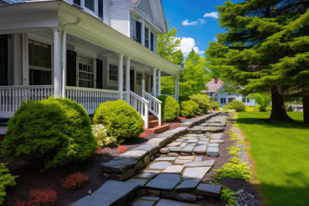 a stone pathway leading to the front door of a colonial revival home, created with generative aiの素材