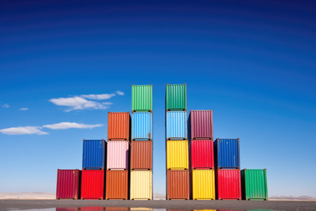 stack of multi-colored containers under clear blue sky, created with generative aiの素材