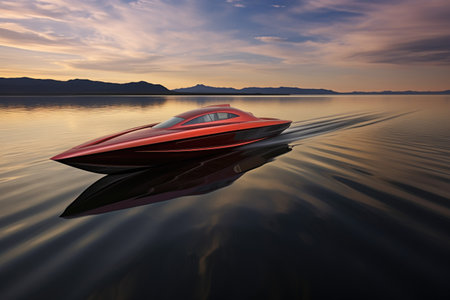 perspective shot of a long, sleek speedboat on a lake, created with generative aiの素材