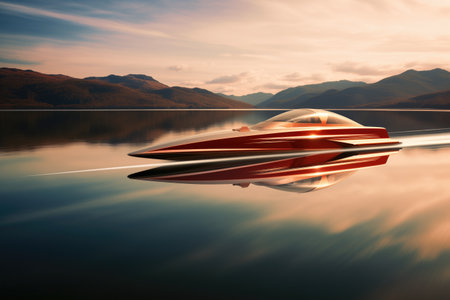 perspective shot of a long, sleek speedboat on a lake, created with generative aiの素材