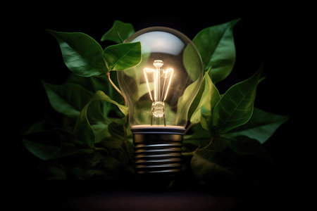 a lightbulb illuminated with green leaves surrounding it, created with generative aiの素材