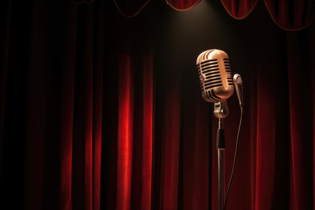 vintage microphone under a solo spotlight, created with generative aiの素材