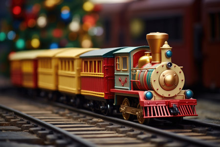 toy train carrying miniature holiday gifts, created with generative aiの素材
