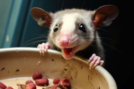 a possum sneaking into a pets food dish left outside, created with generative aiの素材