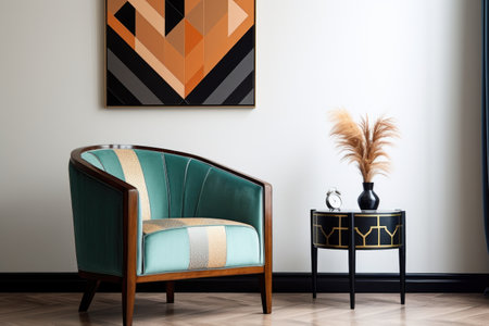 art deco armchair with geometric upholstery in a minimalist room setting, created with generative aiの素材