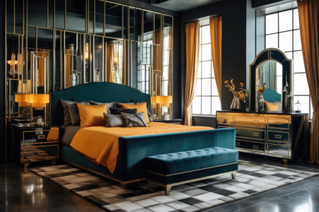 art deco bedroom with a velvet headboard and mirrored furniture, created with generative aiの素材