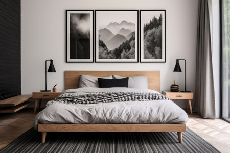 a bedroom featuring a streamlined wooden bed, monochrome bedding, and bold wall art, created with generative aiの素材