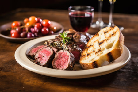 plate of grilled meat with crusty bread on the side, created with generative aiの素材