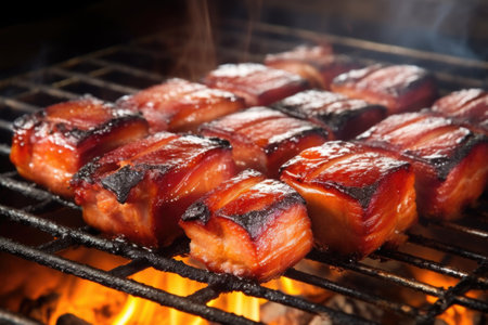 smoky pork belly on an outdoor grill, created with generative aiの素材