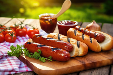 bbq hotdogs with toasted buns on a picnic table, created with generative aiの素材