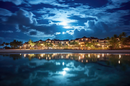 full moon over beach resort under peaceful night sky, created with generative aiの素材