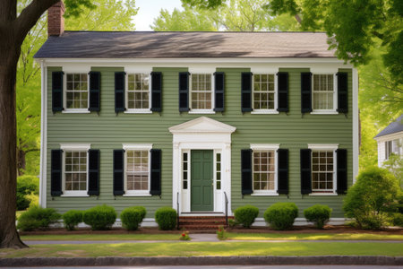 colonial home with forest green shutters and similar front door, created with generative aiの素材