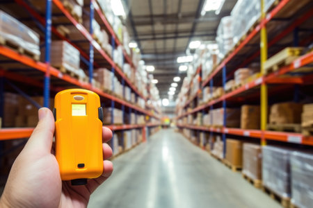 handheld tracking device with warehouse background, created with generative aiの素材