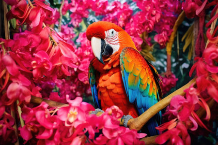 neon-colored parrot blending in with jungle flowers, created with generative aiの素材