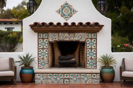 textured tiles with spanish-style motifs on an outdoor fireplace, created with generative aiの素材