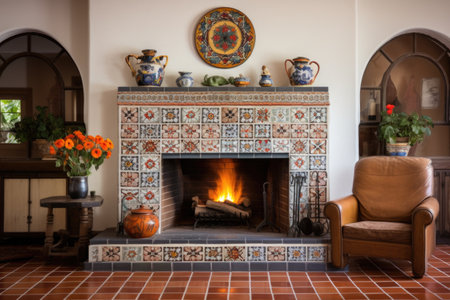 decorative tiles framing a fireplace in a spanish revival living room, created with generative aiの素材