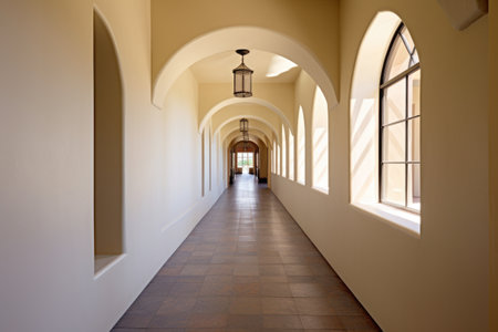 long stucco hallway with arched openings on side, created with generative aiの素材