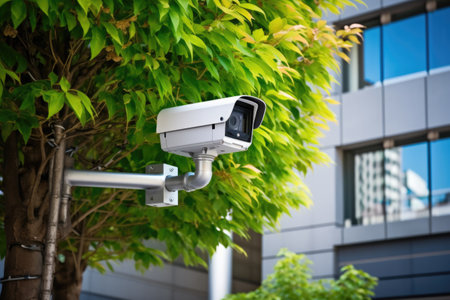 smart surveillance camera on a city building exterior, created with generative aiの素材