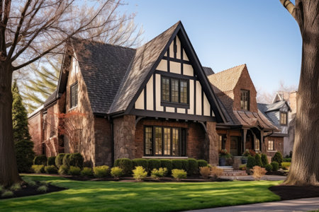 gabled profile shot of tudor home featuring stone and brick base, created with generative aiの素材