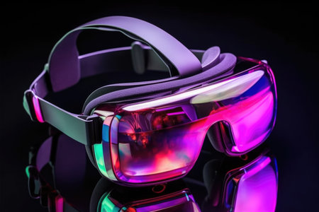 vr headset on a fluorescent, reflective surface, created with generative aiの素材
