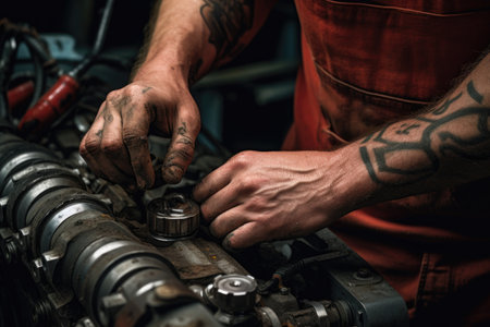 close-up shot of a mechanics hands working on a car engine, created with generative aiの素材