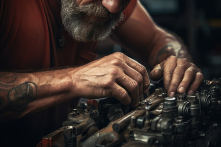 close-up shot of a mechanics hands fixing a car engine, created with generative aiの素材