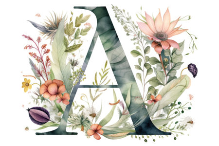 letter a, floral and botanical style, on white background, created with generative aiの素材