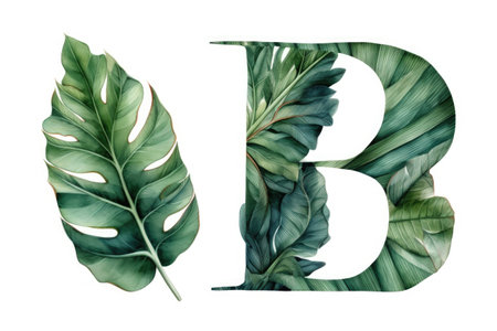 letter b, from tropical leaves, on white background, created with generative aiの素材