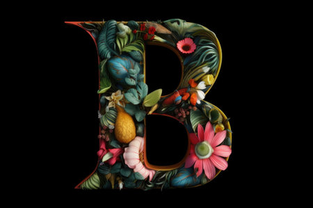 letter b, tropical style, on black background, created with generative aiの素材