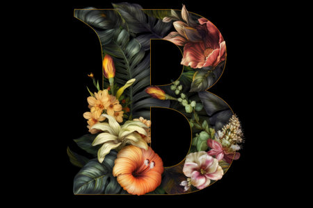 letter b, tropical style, on black background, created with generative aiの素材