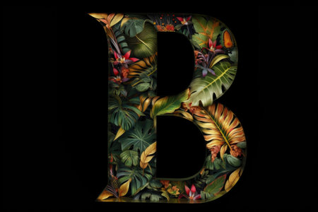 letter b, jungle style, on black background, created with generative aiの素材