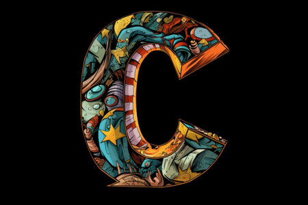 letter c, comic book style, on black background, created with generative aiの素材