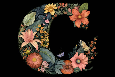 letter c, floral and botanical style, on black background, created with generative aiの素材
