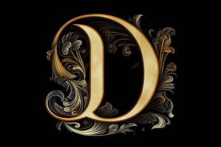 letter d, calligraphic style, on black background, created with generative aiの素材