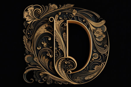 letter d, calligraphic style, on black background, created with generative aiの素材