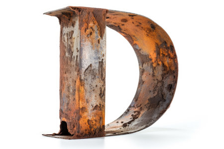 letter d, from rusty metal, on white background, created with generative aiの素材