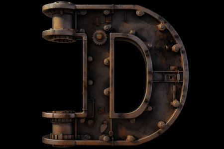 letter d, industrial style, on black background, created with generative aiの素材