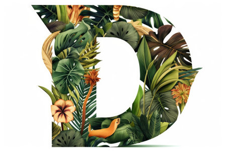 letter d, jungle style, on white background, created with generative aiの素材