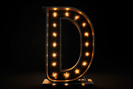 letter d, marquee lights style, on black background, created with generative aiの素材