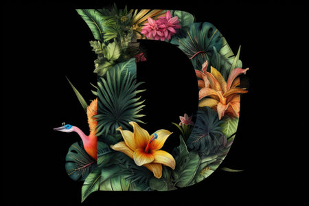letter d, tropical style, on black background, created with generative aiの素材