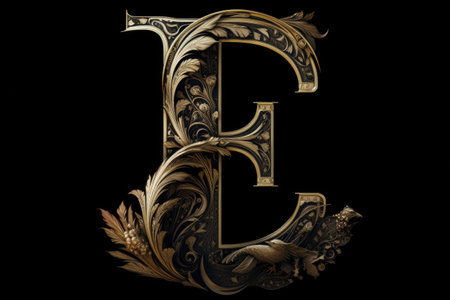 letter e, gothic style, on black background, created with generative aiの素材