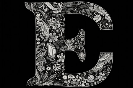 letter e, hand-drawn doodle style, on black background, created with generative aiの素材