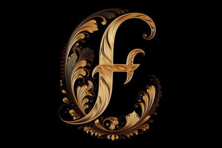 letter f, calligraphic style, on black background, created with generative aiの素材