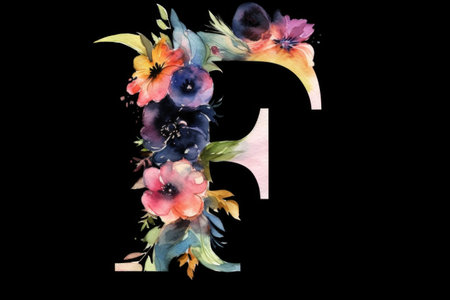 letter f, watercolor style, on black background, created with generative aiの素材