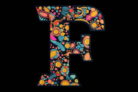 letter f, pop art style, on black background, created with generative aiの素材