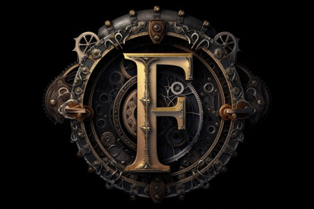 letter f, steampunk style, on black background, created with generative aiの素材